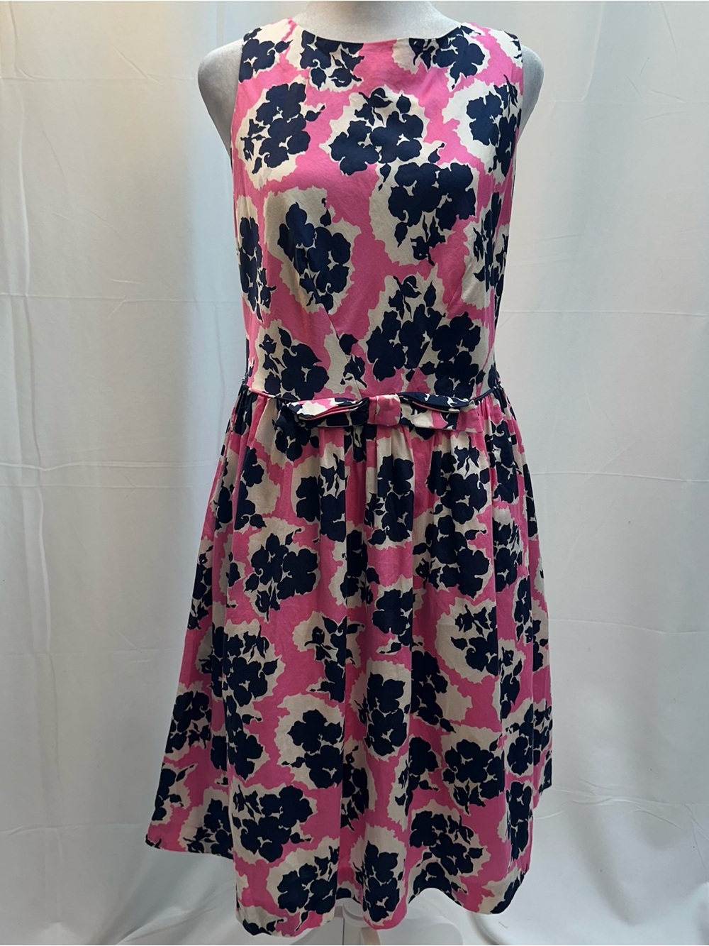 Boden Pink Navy and Cream Floral Midi Dress with Waist Bow 10